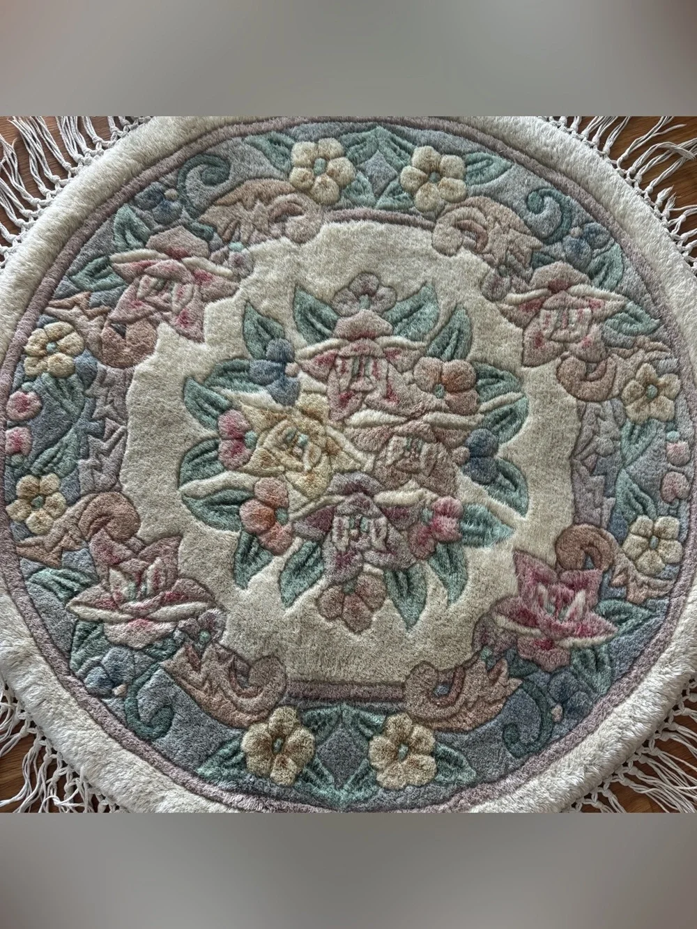 Vintage Round Floral Accent Rug 38” Thick Plush with Fringe